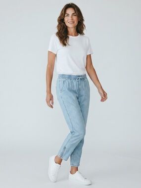 Lea & Viola Chambray Pull On Tie Waist Baggy Pants with Zipper Cuffs Size Large